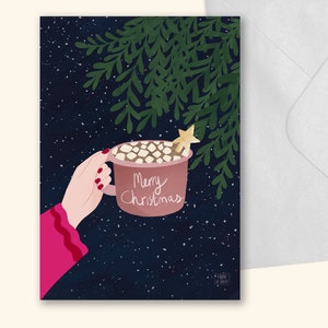 Cup of Merry Christmas kaart single of set van 8 + gratis witte enveloppen, Winter begroeting gevouwen kaart, warme chocolade marshmallows