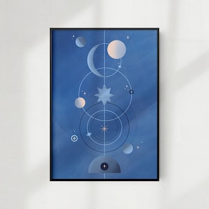 Universe in Blue - abstracte vormen met sterren en maan - posters en kaarten verkrijgbaar in 5 formaten - blauwe galaxy print