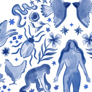 May include: A blue and white watercolor illustration featuring a variety of animals and plants. The illustration includes a bird, a bug, a monkey, a chicken, and a woman. The illustration is surrounded by flowers and stars.