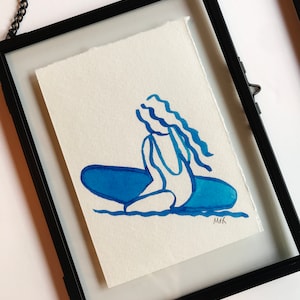 Original Artwork &quot;Tide&quot;- Surf Chick indigo ink painting in double glass floating metal frame, Unique limited edition