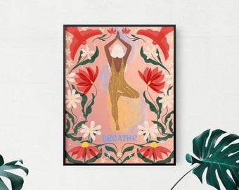 Breathe - grounding Yoga pose - Posters & card available in 5 sizes - colorful magical yogi art