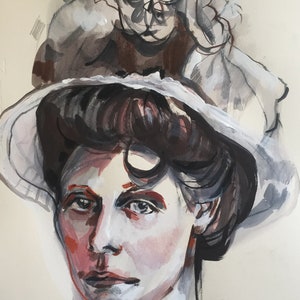 Victorian portrait of a woman with hat. Original drawing