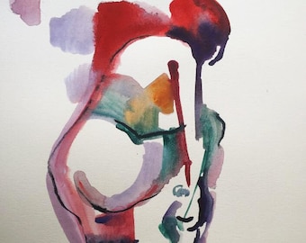 1 Frau an ihrer Toilette. Aquarellmalerei. Figurative Kunst