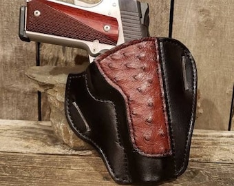 1911 Government Handmade Custom Leather Holster with Cognac Ostrich Quill, Leather Holster, Custom Holster, Handmade, Concealed Carry