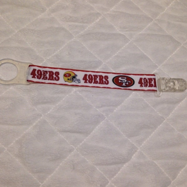 NFL SF San Francisco 49ers inspired pacifier holder with clip on 7" ribbon