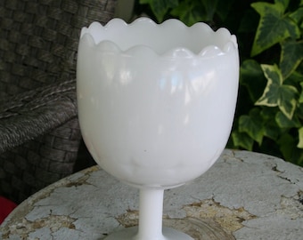 Milk Glass-scalloped edge and embossed stars-bridal shower-decorative goblet-white goblet-unusual goblet