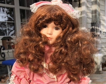 Doll - Old Fashioned - Pink Dress - Bow in Hair - Brown Hair - Vintage Doll - Collectible Doll -15 Inch doll