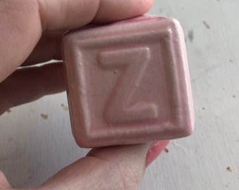 Macrame Bead-Square Bead-Ceramic-Decorative-Pink Bead-Pink-Baby Pink-Vintage Macrame Bead-Large Bead-Numbers-Letters-3-A-C-Z-Childs block
