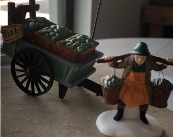 Dept 56-Accessory Set-Chelsea Market Fish Monger and Cart-Set of 2-Heritage Village Collection-Cart Full of Fish-Woman with Baskets of Fish