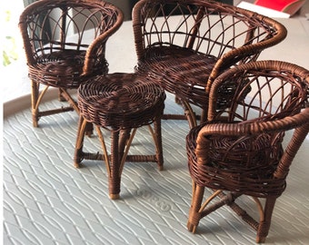 Doll Furniture-Two Chairs-Table-Love Seat-Wicker Doll Furniture-4 Piece Set-Fits 11 Inch Sized Doll-Dark Brown Color-Furniture Set