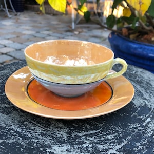 Yellow - Orange - Blue - Lusterware - Tea Cup and Saucer - Hand Painted - Made in Japan - Decorative Tea Cup- Collectible Lusterware