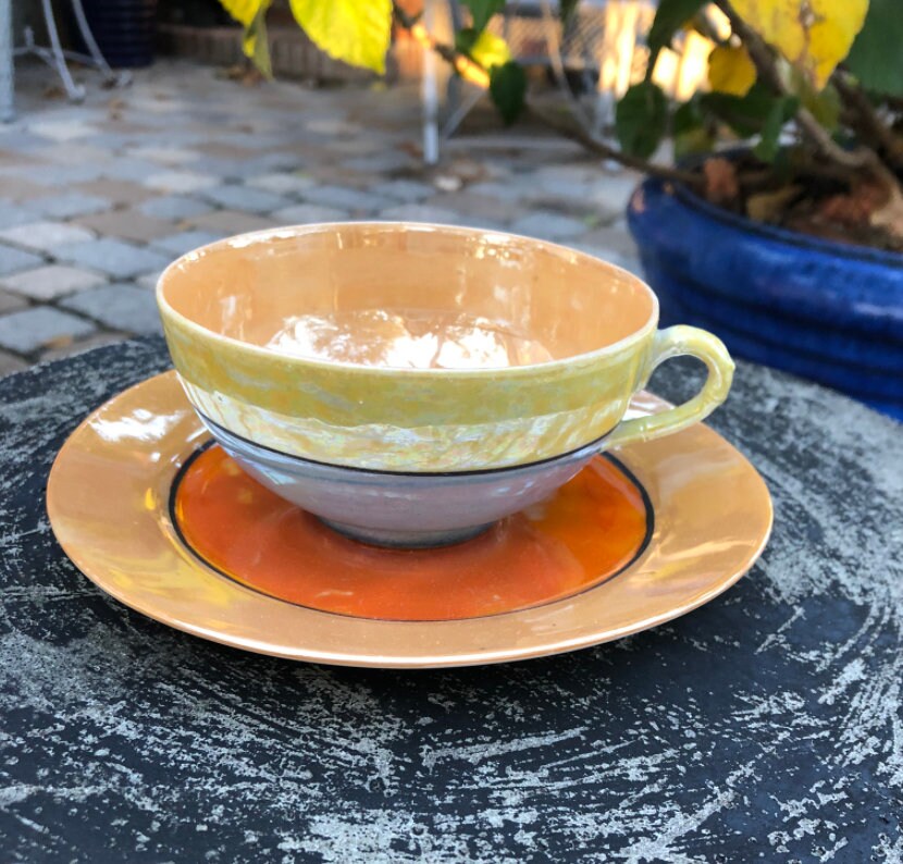 jaune - orange bleu lustre tasse à thé et soucoupe peint la main fabriqué au japon décorative de collection