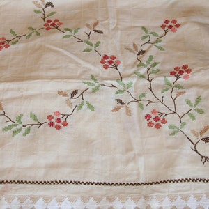 Tablecloth - Vintage Tablecloth - Flowers - Pinks - Green - Brown - Large Tablecloth - Decorative Diamond Edge - Cross Stitch