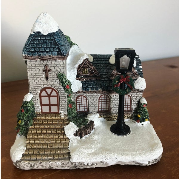 Church-lighted house-Made in Taiwan-Natural Trim-Painted Porcelain-No Box-Battery Operated-Decorated for Christmas-Batteries Not Included