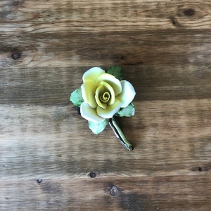 Small Porcelain Rose-Yellow-Ombre Color-Yellow to White-Green Leaves-Flat Back-Green Stem-Ready to Mount-For Use in Crafts-Mosaic Supplies