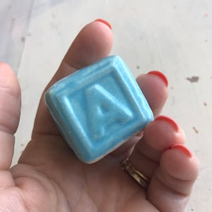 Macrame Bead-Square Bead-Ceramic-Decorative-Blue Bead-Blue-Baby Blue-Vintage Macrame Bead-Large Bead-Numbers-Letters-3-A-C-Z
