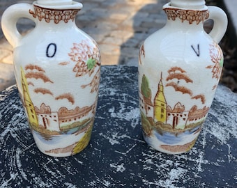Oil and Vinegar Set - Oil and Vinegar Bottles - With Lids - Brown - Multi Colored - Town Scene with Trees - Vintage Oil and Vinegar Set