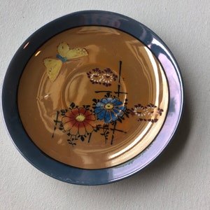 Yellow - Orange - Blue - Lusterware - Saucer - Hand Painted - Made in Japan - Butterfly - Flowers - Collectible Lusterware