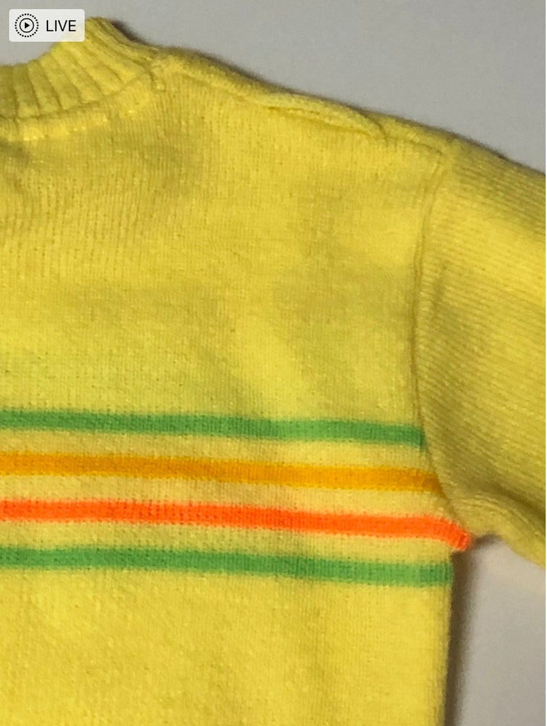 May include: Yellow sweater with green, orange, and yellow stripes.