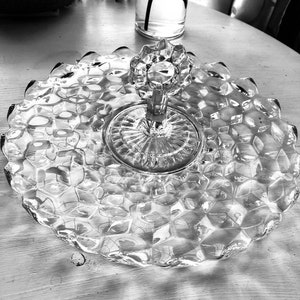 FOSTORIA-Crystal-Center Handle Plate-Round-Cube Pattern-Tid Bit Tray-Hors d&#39;oeuvres Tray-Sandwich Tray-American Fostoria-party