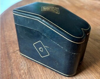 Playing Cards Case-Two Pack Case-Italian Leather-Card Storage-Card Storage Box-Jack of Hearts on Top-Ace of Spades on Side-Trimmed in Gold
