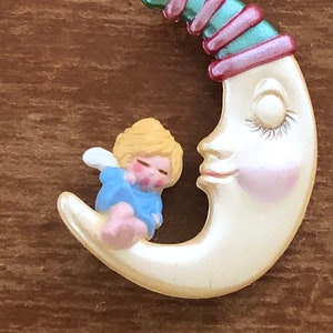 Süße Träume-Engel sitzend auf dem Mond-Punze-Andenken Ornament-1988-Miniatur Ornament-WeihnachtenOrnament-Kleiner Engel-Schlafender Mond