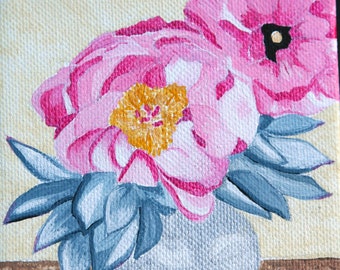 Painting - 4x4 - Pink Flowers in a Silver Vase - Signed  - Stretch Canvas - Acrylic - Valentines Day Gift - Folk Art
