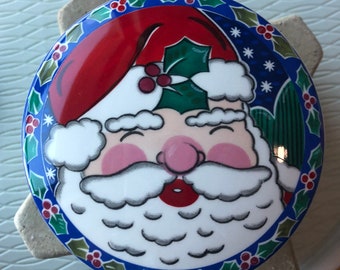 Santas Glow-Mikasa-Made in Japan-Covered Porcelain Box-Santa Box-Santa Dish-Christmas Porcelain Box-Round Covered Box-Jenny Faw-Trinket Dish