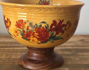 Decorative Bowl - Red Flowers - Yellow - Gold - Bowl - Red - 7 inches in diameter - Wooden Pedestal - Country Style - Farm House