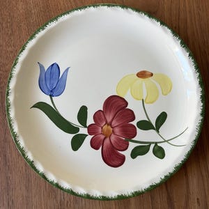 Blue Ridge-Dinner Plate-Blue and Yellow Flower-Red Flower-Green-Blue Ridge Back Stamp-Hand Painted Underglaze-Southern Potteries-Made in USA