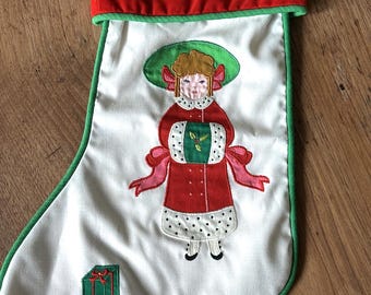 Victorian Girl-Christmas Stocking-Vintage Stocking-Girls Stocking-Kids Stocking-Childs Stocking-Christmas Stocking-Red-White-Green