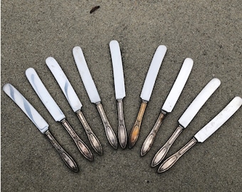 Cuchillos de cena vintage-Juego de 9-Acero inoxidable-Mangos de plata-Cuchillos de 9.5 pulgadas-Cuchillos de mesa de 5 pulgadas-Mangos estampados-Cuchillos de fantasía