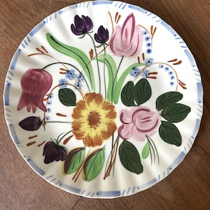 Blue Ridge-Dinner Plate-Flowers-Pink-Yellow-Purple-Blue-Blue Ridge Back Stamp-Hand Painted Underglaze-Southern Potteries-Made in USA