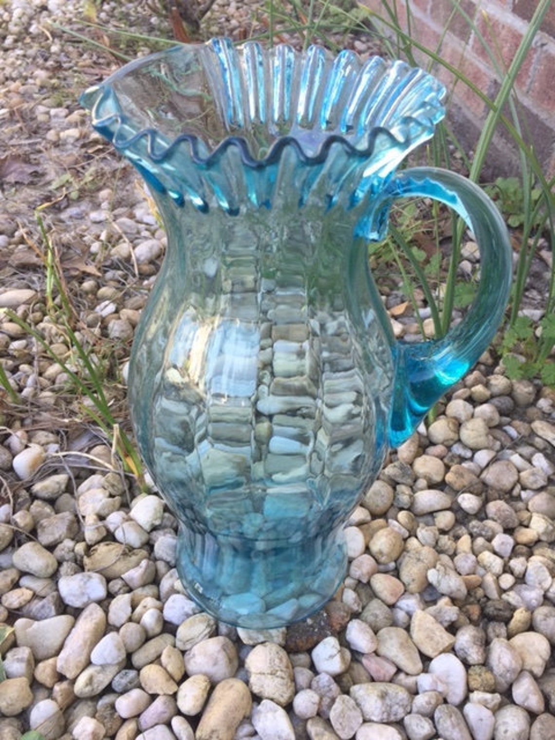 Old Blue Glass Pitcher Antique Glass Glass Pitcher Ruffled Edge Air