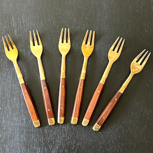 Set of Six - Seafood Forks - Cocktail Forks - Three Prongs - Small Forks - Set of Small Forks -Made in Thailand-In Original Box-Wood Handles