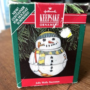 Vintage Hallmark Ornament-1991-Jolly Wolly Snowman-Container Ornament-Pressed Tin-Twist off Head-Snowman with Pipe-Scarf-Broom-Bird-Hat
