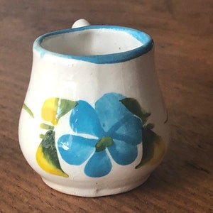 Doll Size Cup-Pottery-Decorated with Flowers-Miniature-Cup with Flower-Blue-Green-Miniature Pottery-Baby Doll Sized Cup-Blue Around Rim