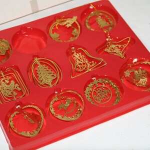 Metal Ornaments-Gold Color-Set of 11-3D-filigree-die cut-Christmas Ornaments-different designs-intricate detail-bell-reindeer-tree-Angel