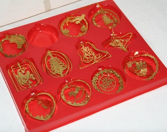 Metal Ornaments-Gold Color-Set of 11-3D-filigree-die cut-Christmas Ornaments-different designs-intricate detail-bell-reindeer-tree-Angel