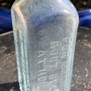 Bottle-1920s-Root Beer-Hires Household Extract-Philadelphia PA-Blue Glass-Aqua Color-Square Bottle-Small Bottle-Decorative Bottle