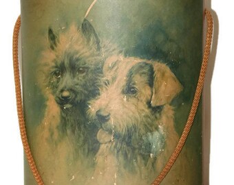 Vintage Wine Box - Fannie Moody Dog Print - Cord Handle and Lid - Wine Gift Box - Fannie Moody - Wine Bottle Holder - Rustic Room Decor