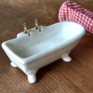 Miniature Bathtub-Dollhouse Miniature-Dollhouse Bathtub-White Bath Tub with Gold Faucets-Ceramic Tub-With Shower Curtain-Victorian Style