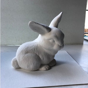 May include: A white ceramic rabbit figurine with a fluffy texture. The rabbit is sitting with its ears up and its head tilted slightly to the side.