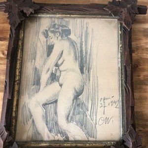 Sketch of Female Nude-Vintage Drawing-Pencil Sketch of Female Nude-1940s-Nude Female Art-Framed Art-Wooden Picture Frame with Leaves