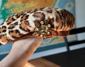 Vintage Animal Print Hat - Leopard Print Hat - Faux Leopard - Brown Hat - Styled by Coralie - Brooch - Pin Attached