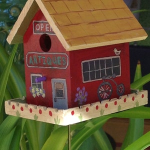 Miniature Birdhouse - Antique Store - with Shepherd&#39;s Hook - Great Decorative Addition to Indoor Houseplants - Mothers Day