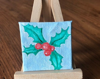 Holly Painting-Christmas Holly-Christmas Painting-Miniature Painting-Wooden Easel-Acrylic-Christmas Gift-Stocking Stuffer-Office Gift