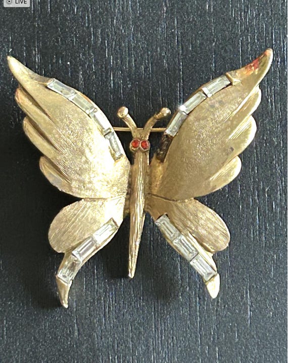 Pin-Brooch-Butterfly-Butterfly Pin-Gold Butterfly-Bejeweled Butterfly-Red Eyes-Large Butterfly Pin-Decorative Butterfly-Lapel Pin