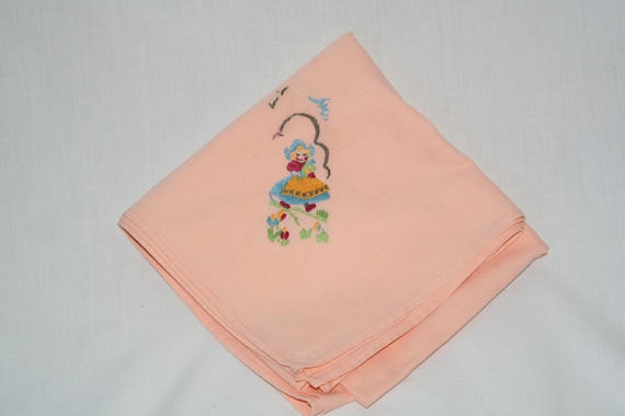 Tablecloth - Vintage Tablecloth - Small Tablecloth - Embroidered-Little Dutch Girl-Embroidered on one corner-Peach Color-Embroidered Detail