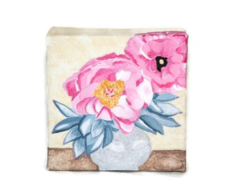 Painting - 4x4 - Pink Flowers in a Silver Vase - Signed  - Stretch Canvas - Acrylic - Valentines Day Gift - Folk Art